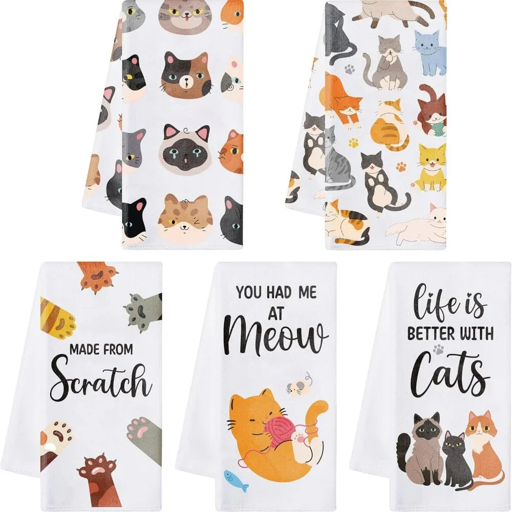 5 Kitchen Towels with Cats Dishtowels Tea Bar for Cat Lovers